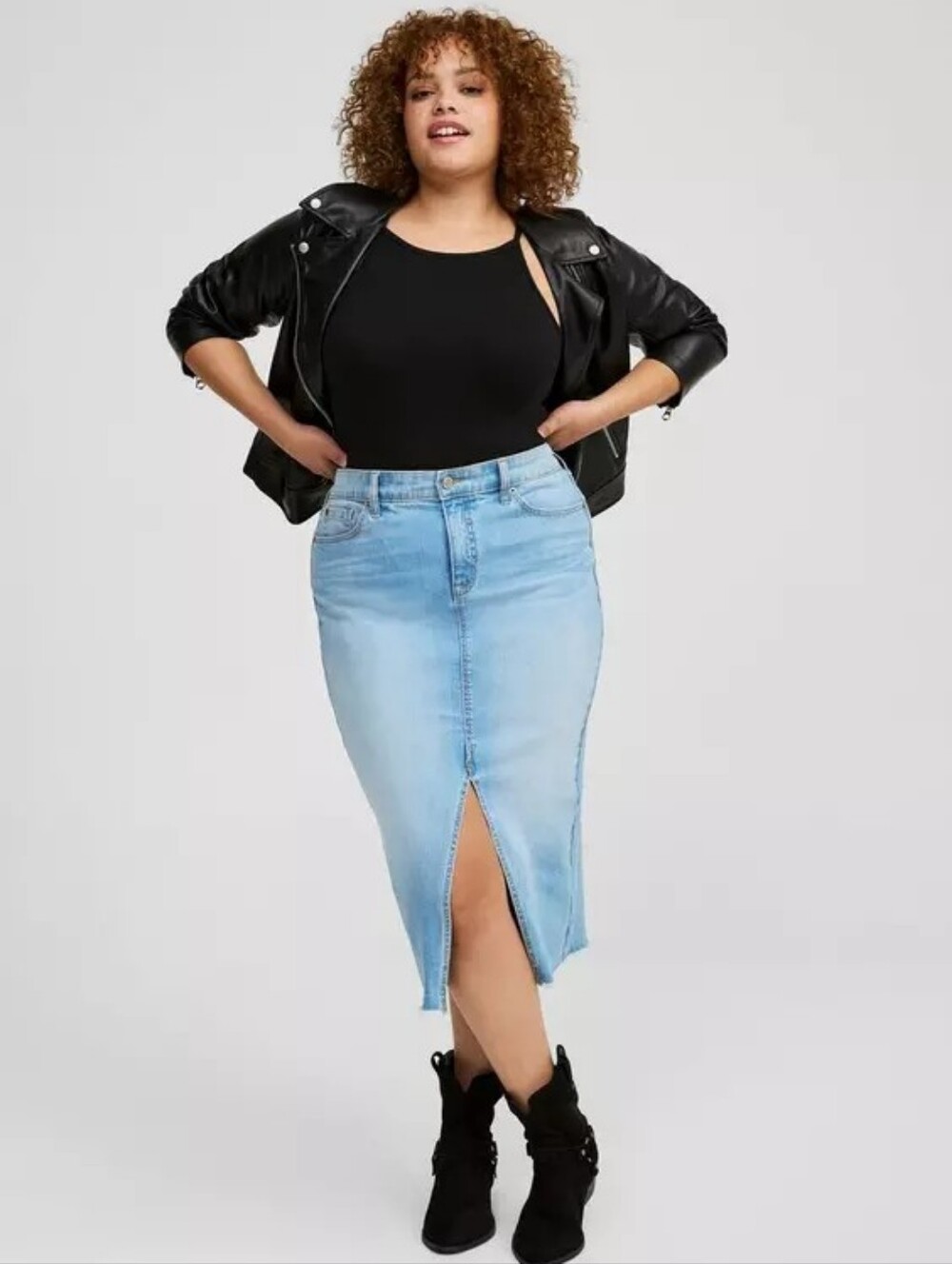 NWOT TORRID Midi Denim Front Slit Skirt Size 24 Blue Color Stretchy Wash Finish